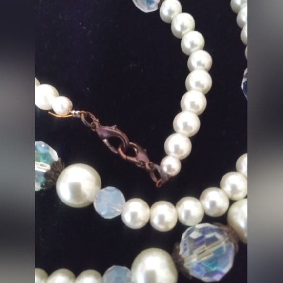 Faux Pearl And Aurora Borealis Crystal Necklace Long 34" Vintage Style - Picture 2 of 5
